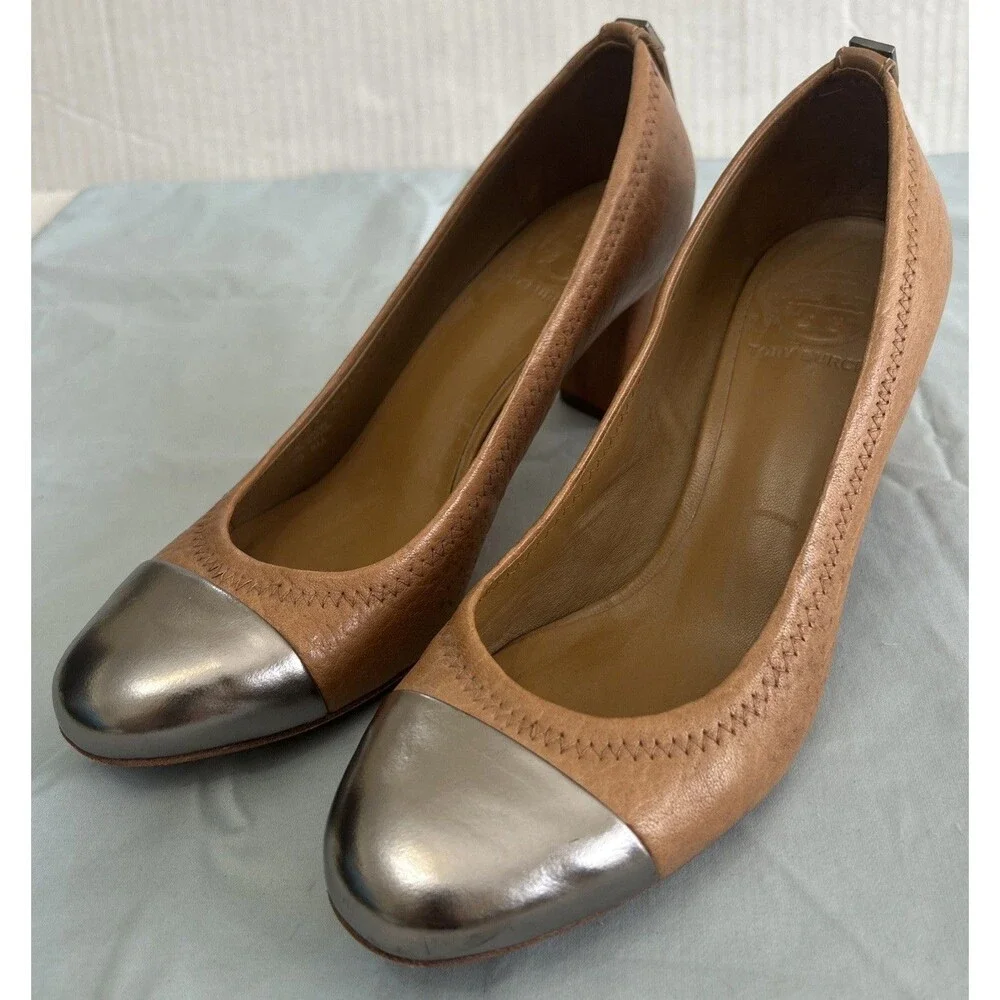 Tory Burch Tan Leather Round Toe Block Heel Pewter Cap-toe Pump Sz 8M